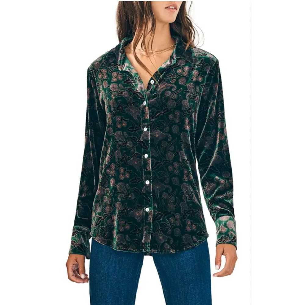NWT Faherty Green Silk Velvet‎ Blossom Button Up Top Whimsigoth Shirt Sz M